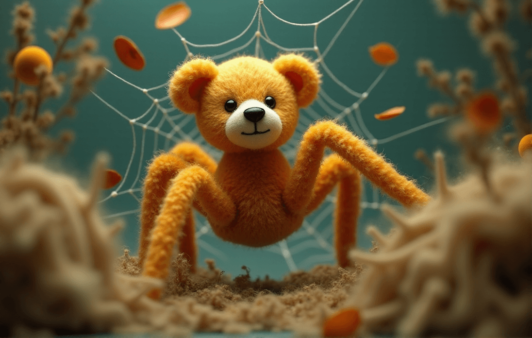 AI generated: A cinematic photograph of a cute teddy spider spinning a wool web in a fabric world, the teddy is st...