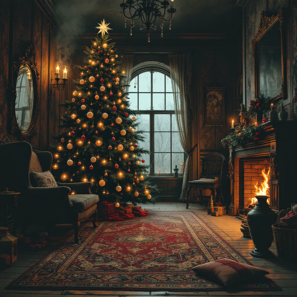 AI generated: Create a Victorian Penny Dreadful comic-style image depicting a Christmas tree in1880s Austin, Texas...