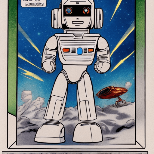 AI generated: 1980s hero like Buck Rogers and Galaxy Rangers cartoon, with robots like Twiki from Buck Rogers. 
