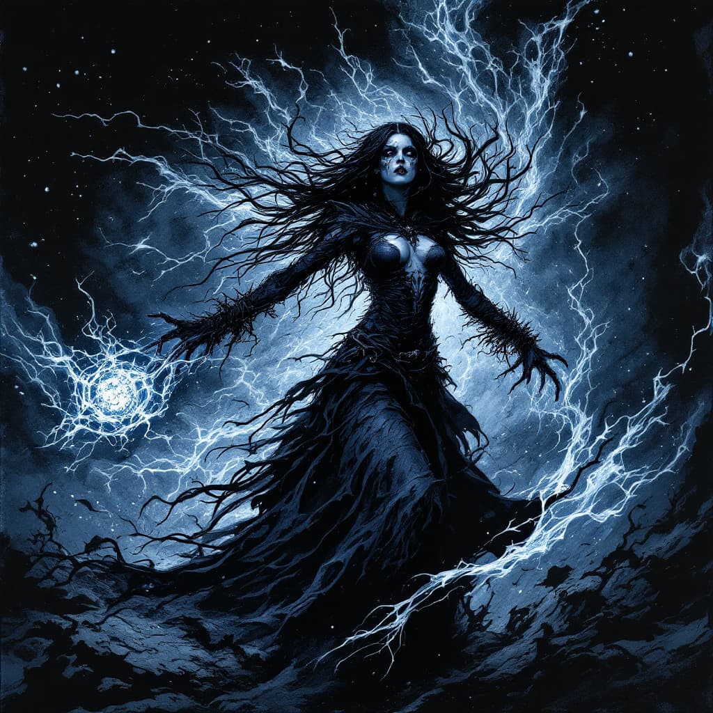 AI generated: in cyanotype art style, Arkthar the chaos necromancer (female character), spreading fear and confusi...