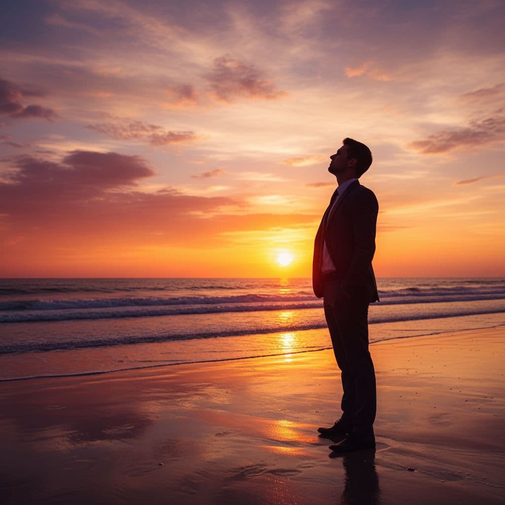 AI generated: Estilo tipo inspirador. Paisaje: playa al atardecer. Un hombre lleva un traje de vestir con su mirad...