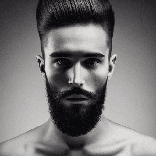 AI generated: Photograph, man, model pose, minimalist, stylish nessy long hairstyle, beard, profound gaze, solid w...