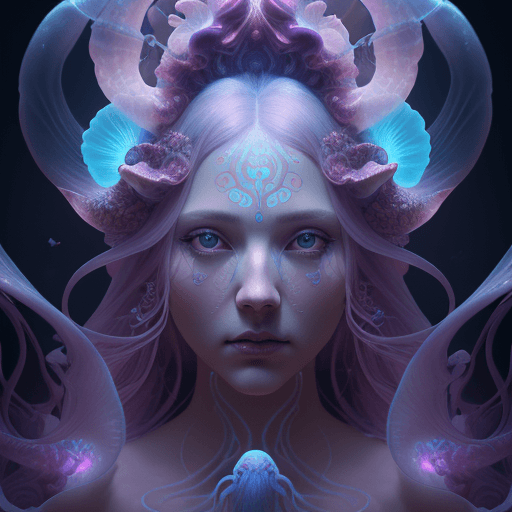 AI generated: Goddess close-up portrait ribcagel. jellyfish phoenix head, nautilus, orchid, skull, betta fish, bio...