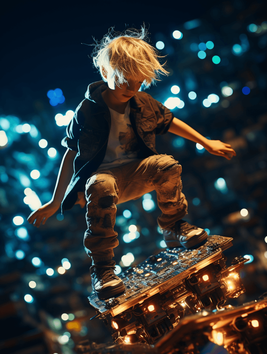 AI generated: A boy with golden hair, riding a levitating hoverboard through a cityscape made of circuit boards an...