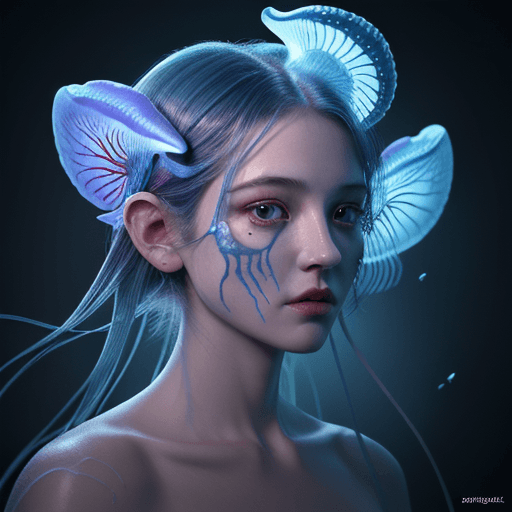 AI generated: Goddess close-up portrait ribcagel. jellyfish phoenix head, nautilus, orchid, skull, betta fish, bio...
