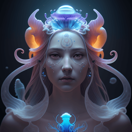 AI generated: Goddess close-up portrait ribcagel. jellyfish phoenix head, nautilus, orchid, skull, betta fish, bio...