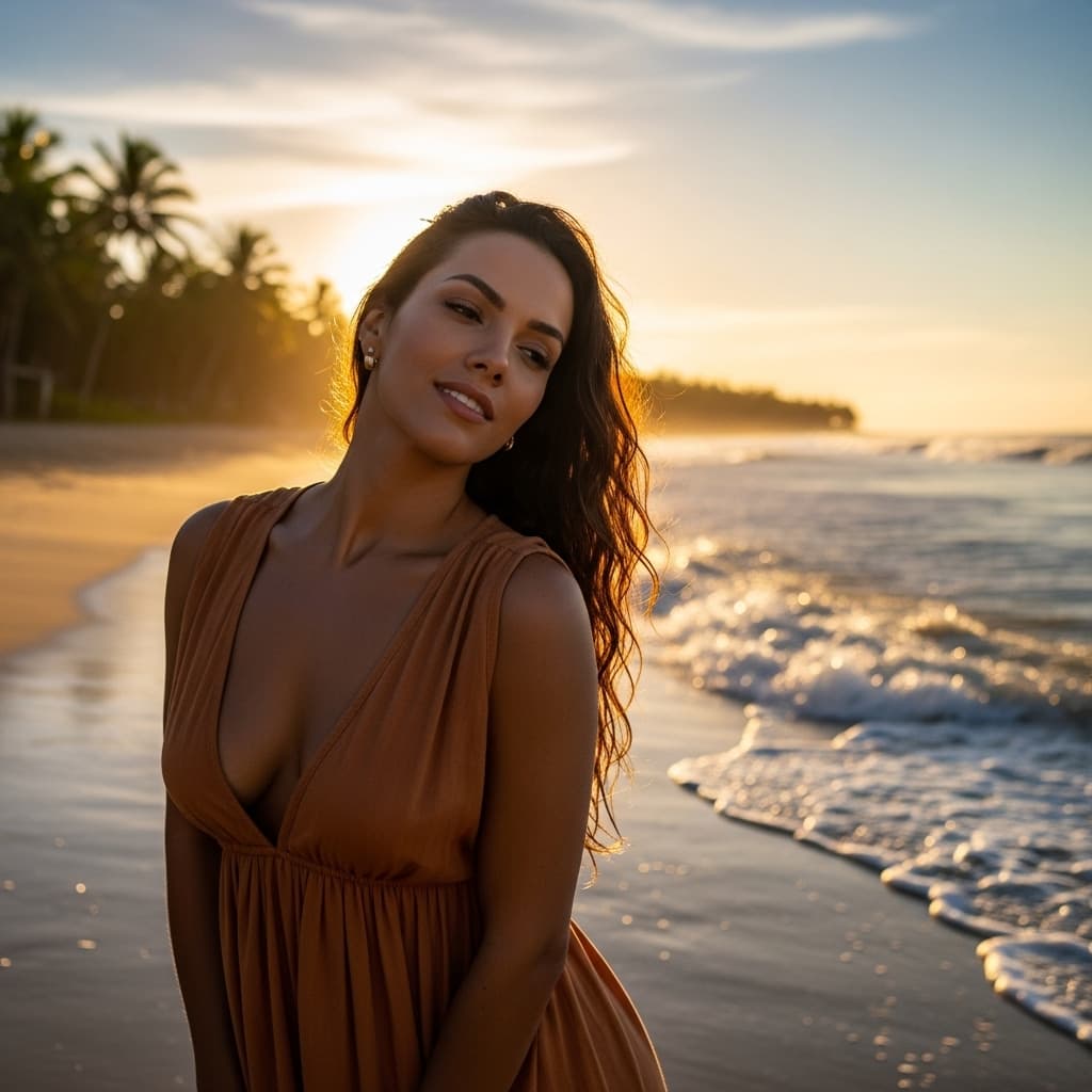 AI generated: A stunning Brazilian woman with smooth tan skin and long dark hair, wearing a stylish low-cut dress....