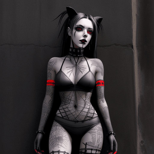 AI generated: a black dog behind a wall, cybergoth style, red threads, midwestern goth, organic inspired body art,...
