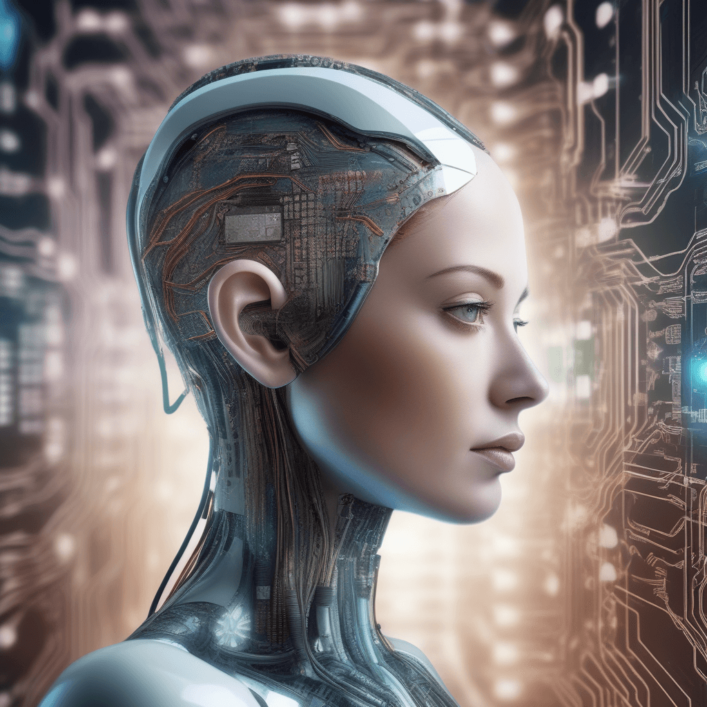 AI generated: Majestic, portrait, an android woman with a brain made of circuits, hyperrealistic, with a surreal f...
