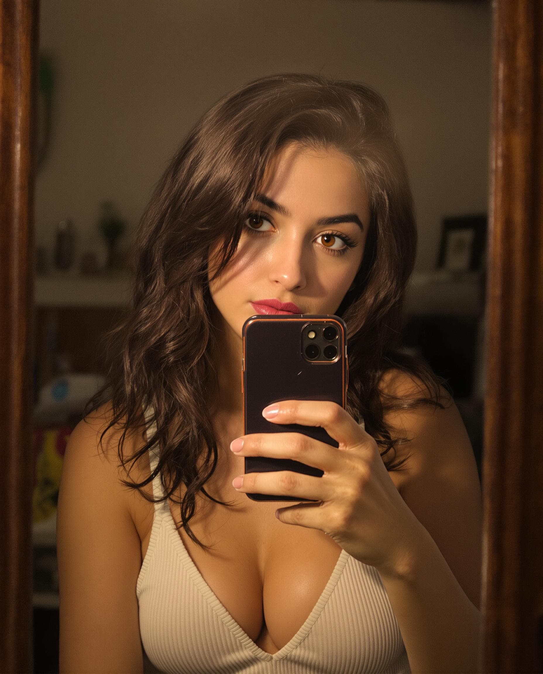 AI generated: A highly detailed, ultra-realistic portrait of a 22-year-old young brunette woman taking a mirror se...