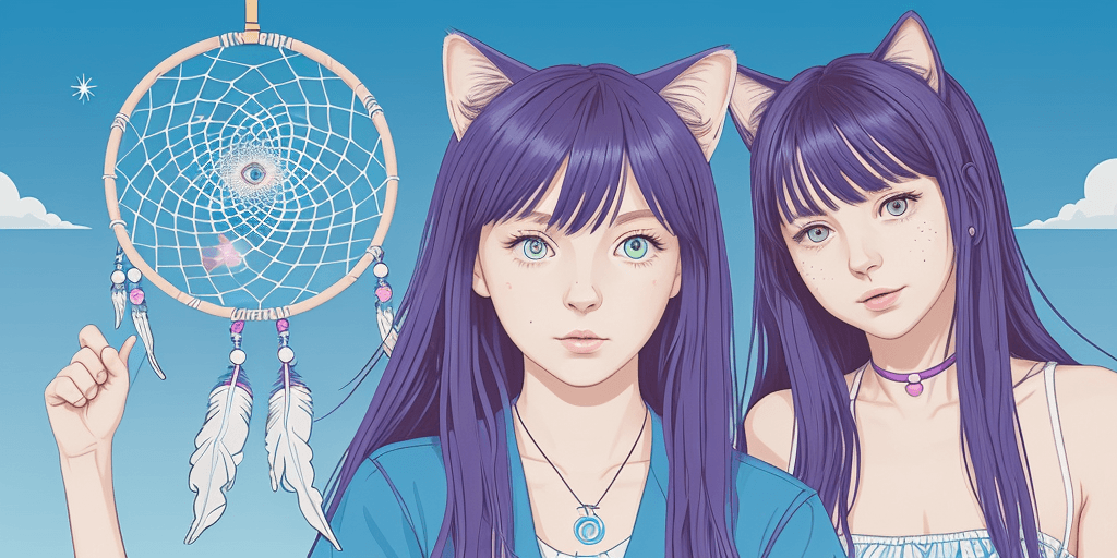 AI generated: Dream Catcher, in the style of crisp neo-pop illustrations, sky-blue, nightcore, the cat behind the ...
