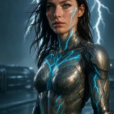 AI generated video: Night rain pounds a starship landing deck as Thor steps out from her craft. Keep a waist-up, three-q...