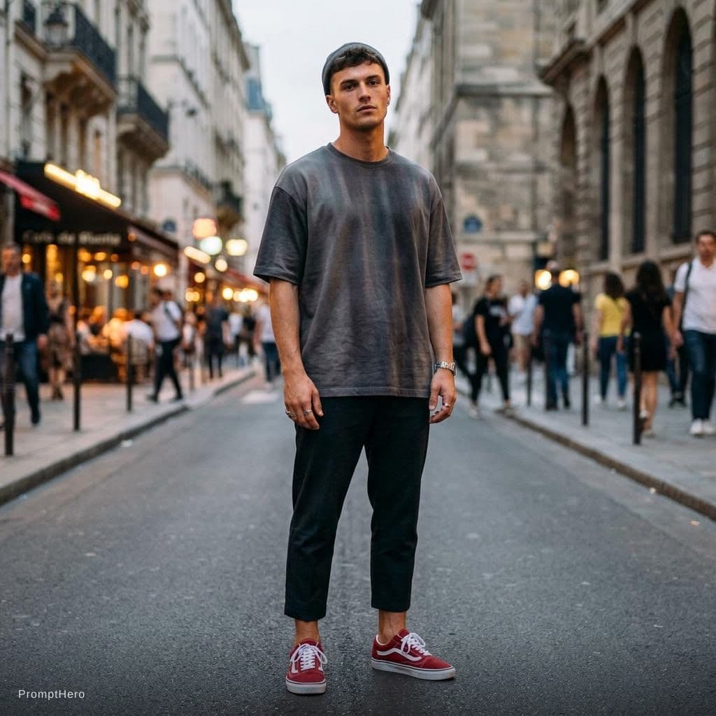 AI generated: fashion photograph, front shot, full body, male model, gaze to front, provocative stare, short styli...