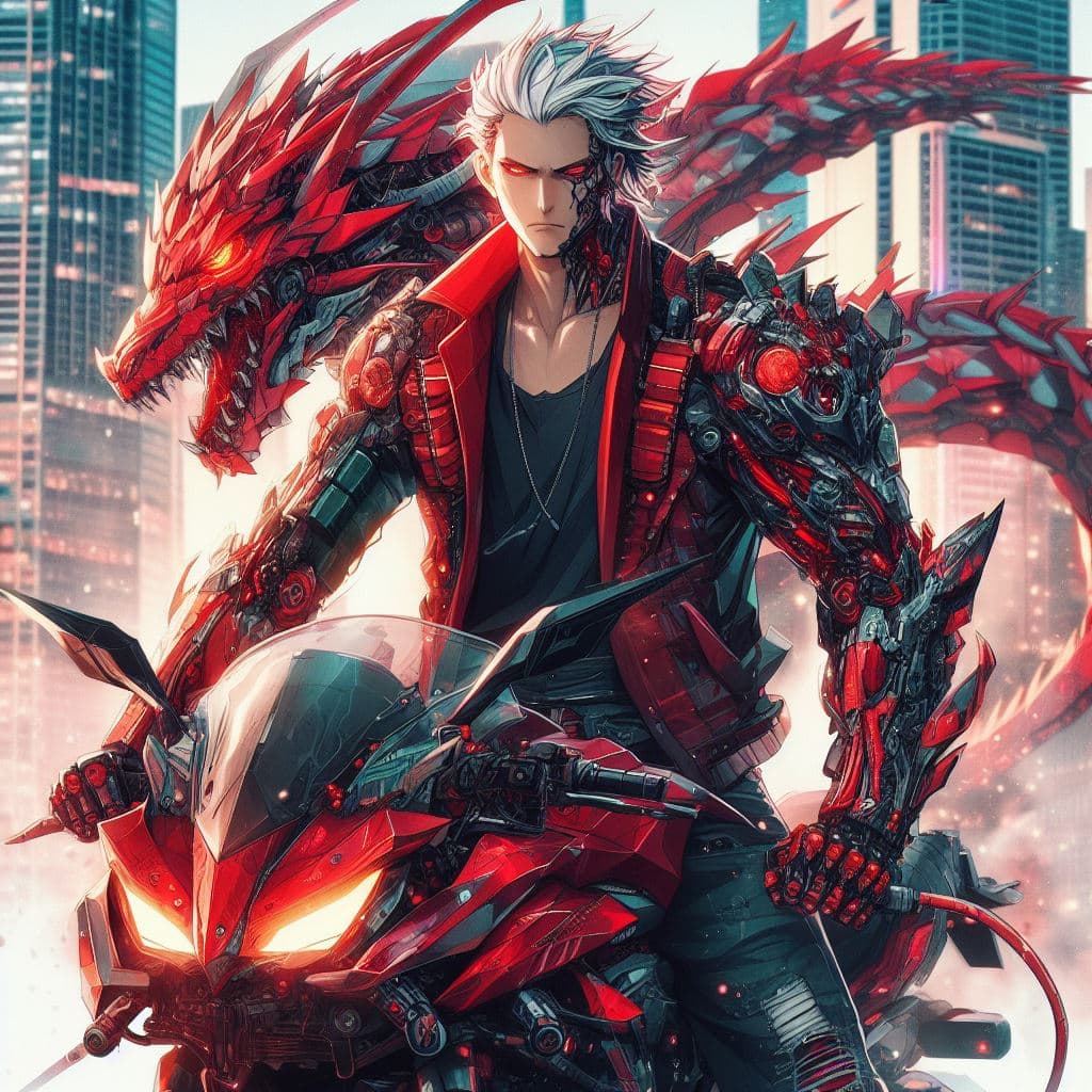 AI generated: A badass cyberpunk mecha humanoid dragon man motorcycle with intresect armor, skinny man face, red s...