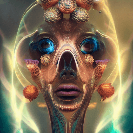 AI generated: Goddess close-up portrait ribcagel. jellyfish phoenix head, nautilus, orchid, skull, betta fish, bio...