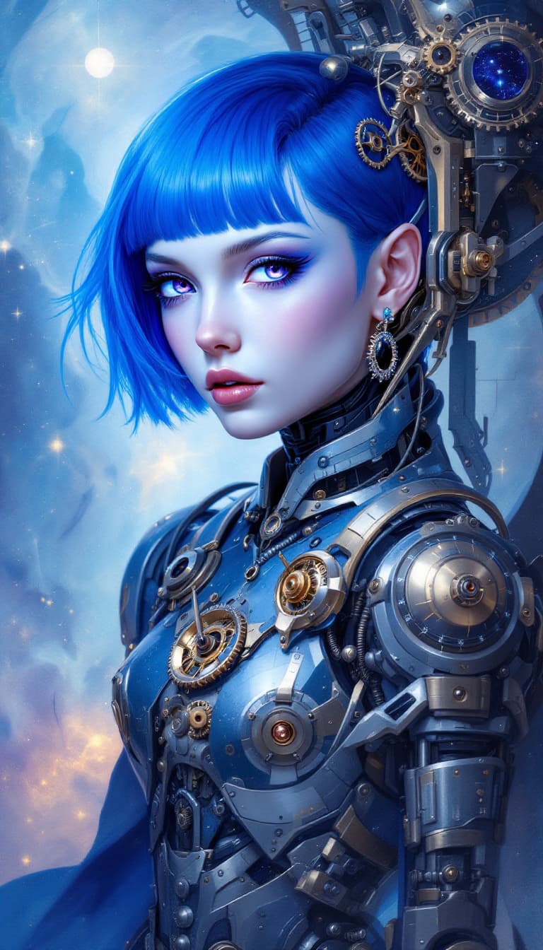AI generated: "Sapphire Automaton in a Clockwork Nebula": A dynamic abstract painting presents an automaton, with ...