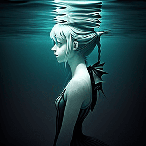 AI generated: alice floating horizontally under water.
realistic, not creepy
looking towards the top
 arm pointing...