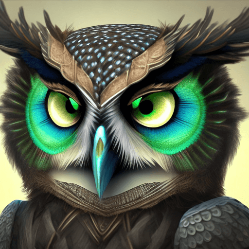 AI generated: Anthropomorphic blue owl, big green eyes, lots of details, portrait, finely detailed armor, cinemati...