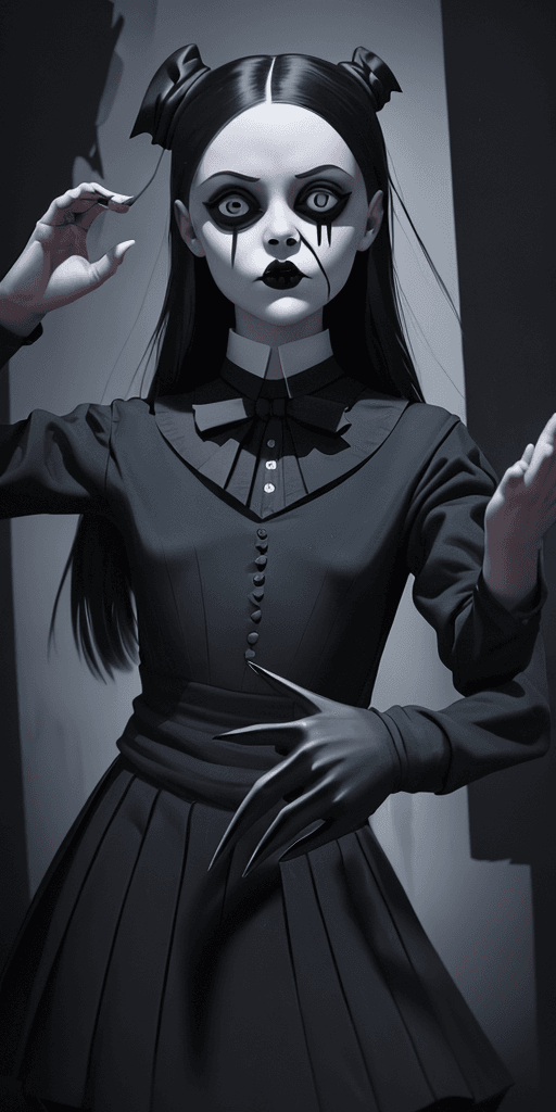 AI generated: 16k4d art rfktrstyle Wednesday Addams, Cubist Angles, (Dynamic Pose)+, perfect form, perfect composu...
