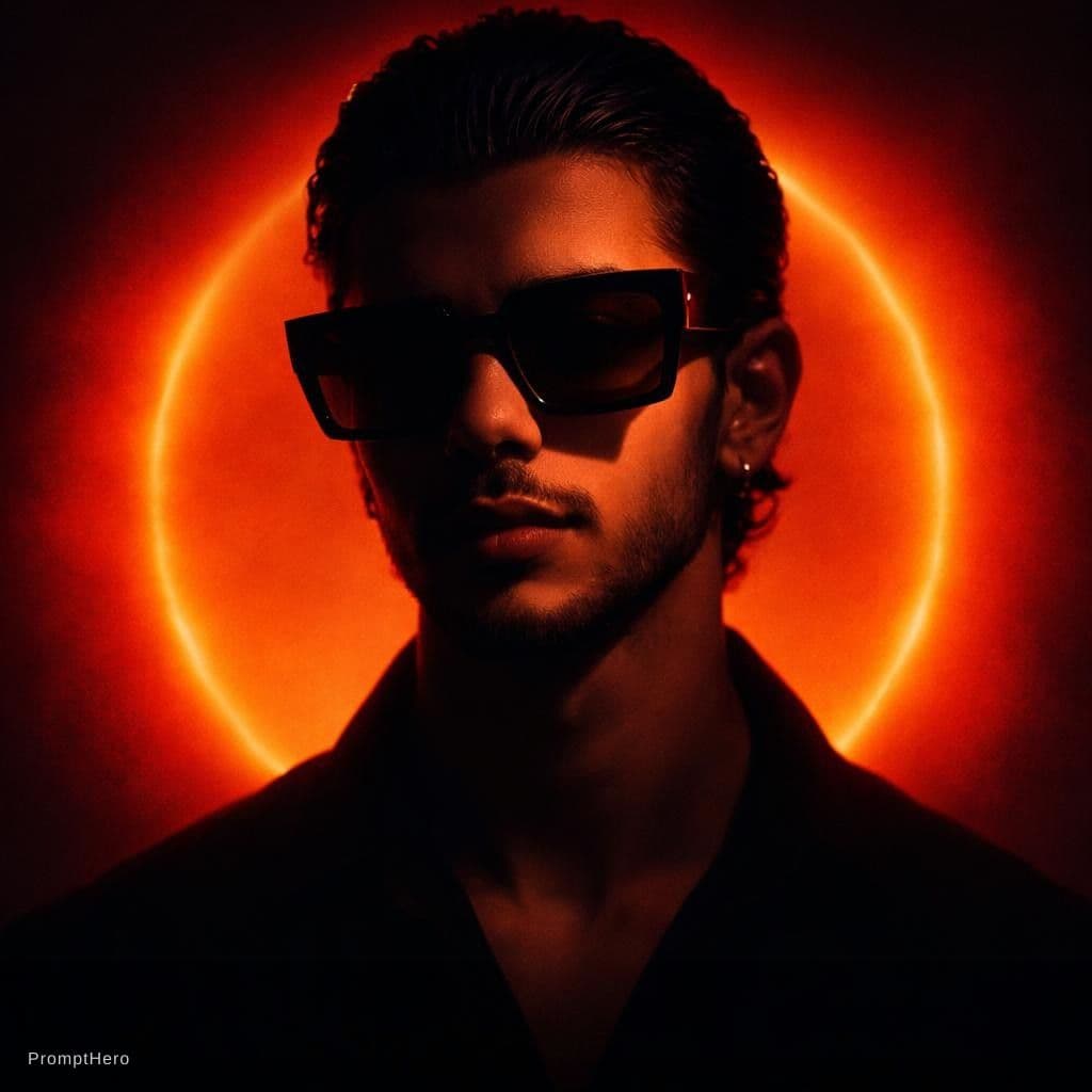 AI generated: A person with slicked-back dark hair wearing oversized square sunglasses is shown in a dramatic, cin...