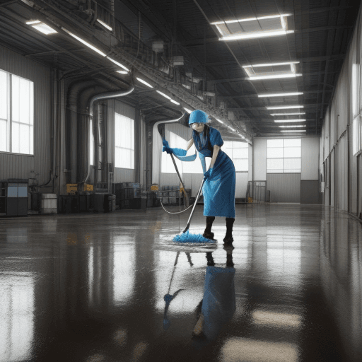 AI generated: create a picture of a woman in an industrial environment, cleaning the floor with a microfibre mob.