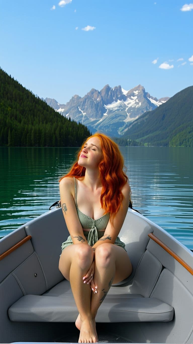 AI generated: A woman with red hair is sitting in a boat on a lake, looking dreamly at the mountains in the distan...