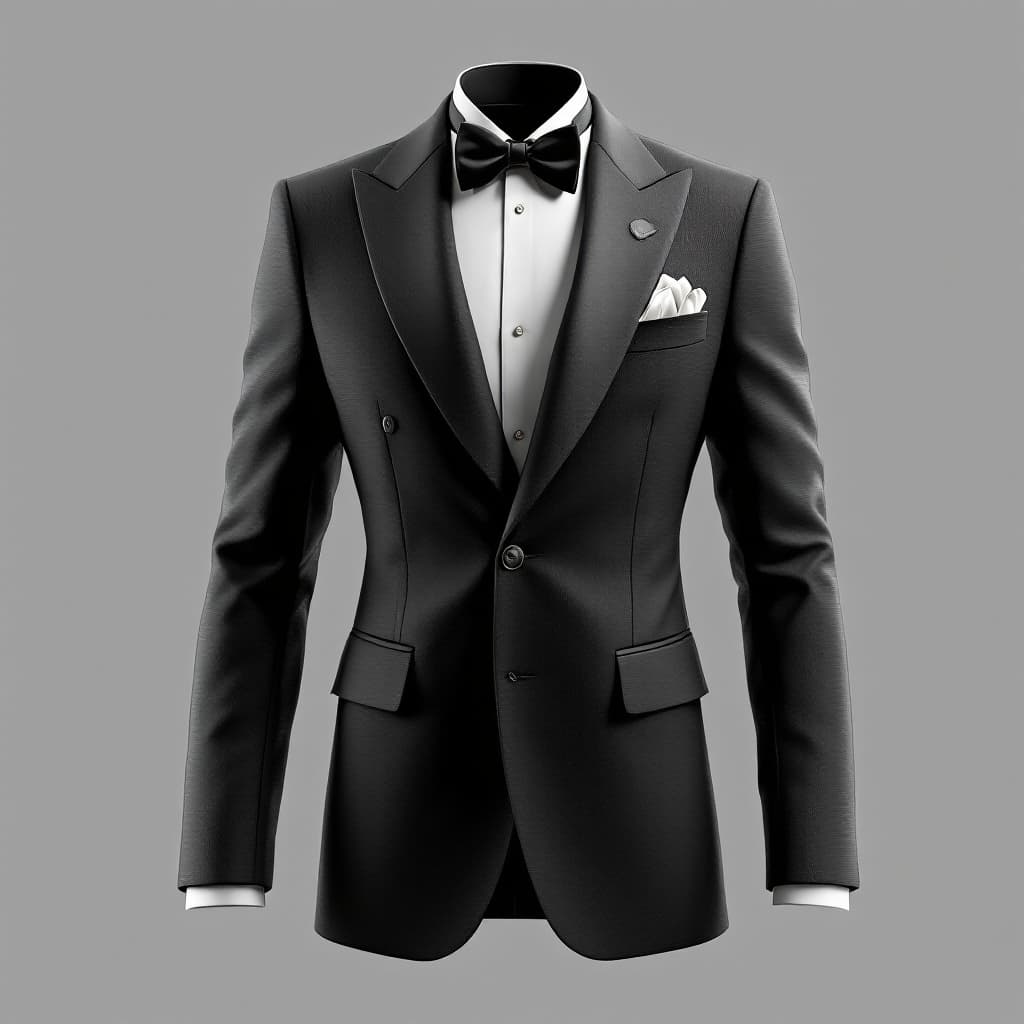 AI generated: Front view of a Tom Ford blazer, tailored fashion design, featuring a bowtie and pocket square at th...