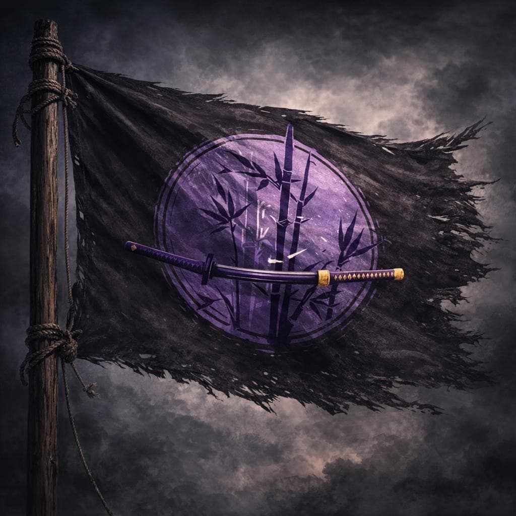 AI generated: A stylized pirate flag featuring a purple circular emblem with bamboo silhouettes and a katana sword...