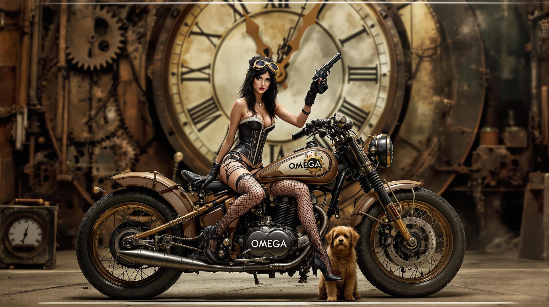 AI generated: A steampunk-themed scene with a woman with dark hair sitting confidently on a vintage motorcycle. Th...