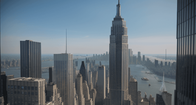 AI generated: aerial view of a giant fish tank shaped like a tower in the middle of new york city, 8k octane rende...