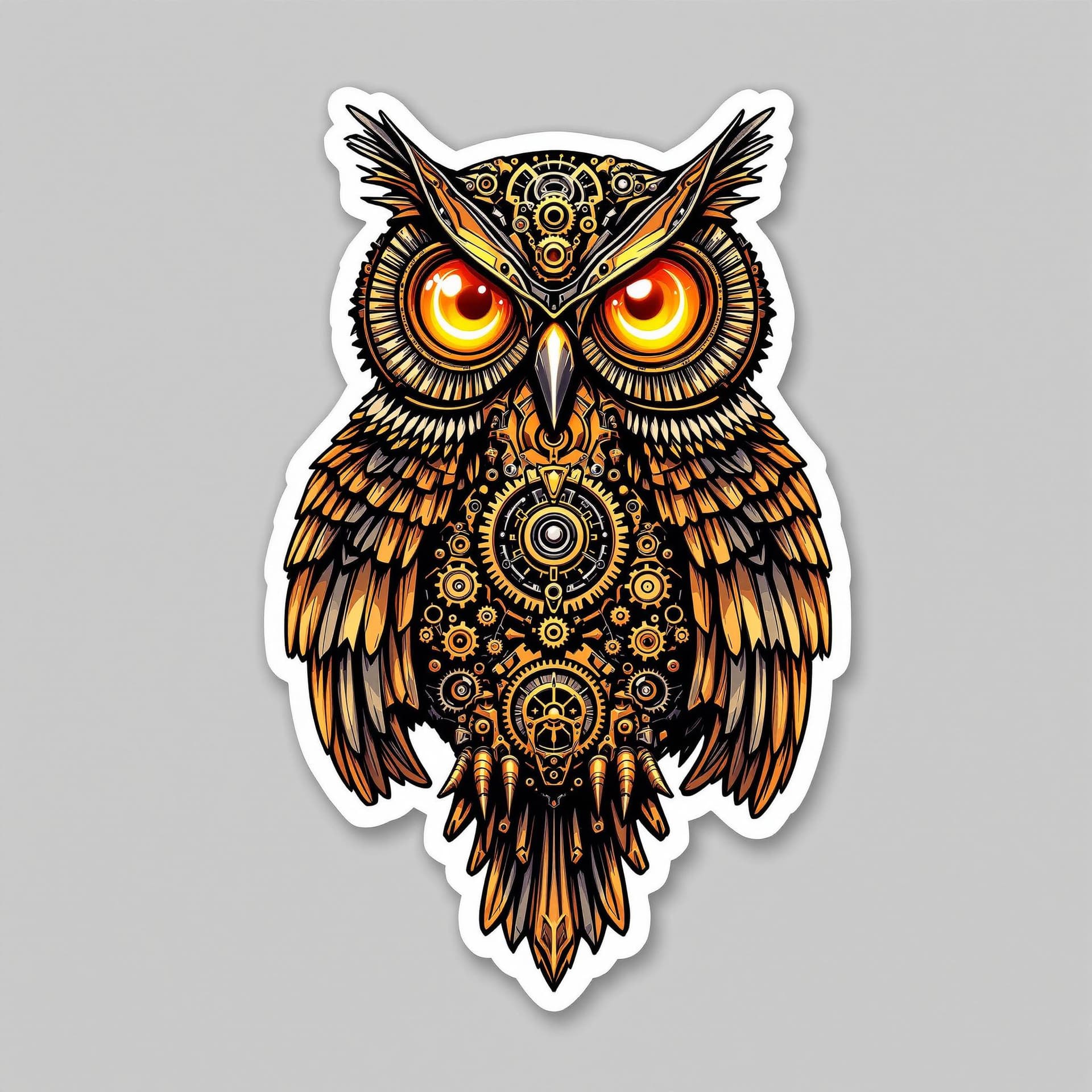 AI generated: "A detailed steampunk owl illustration designed specifically for stickers, featuring a bold and clea...