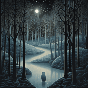 AI generated: Winter vector. Bear encounters ghost, forest, in snowy landscape, with a Divine, illuminated under t...