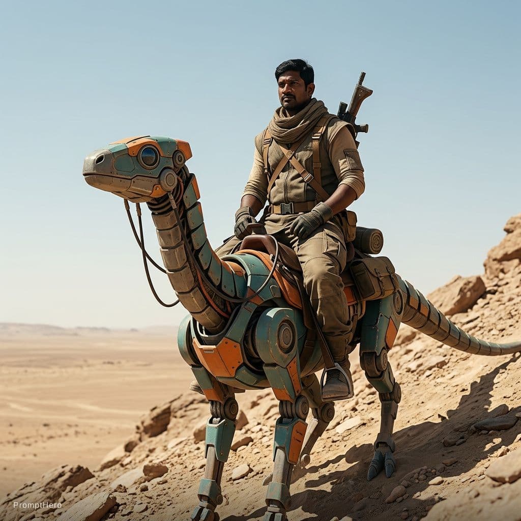 AI generated: A lone desert scout riding a robotic reptile-like pack mount up a rocky slope under a wide open sky,...