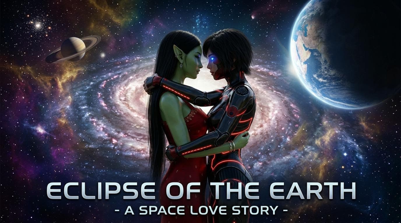 AI generated: Make a movie poster in 16.9 with these two characters hugging in space with galaxies and planets. Ti...
