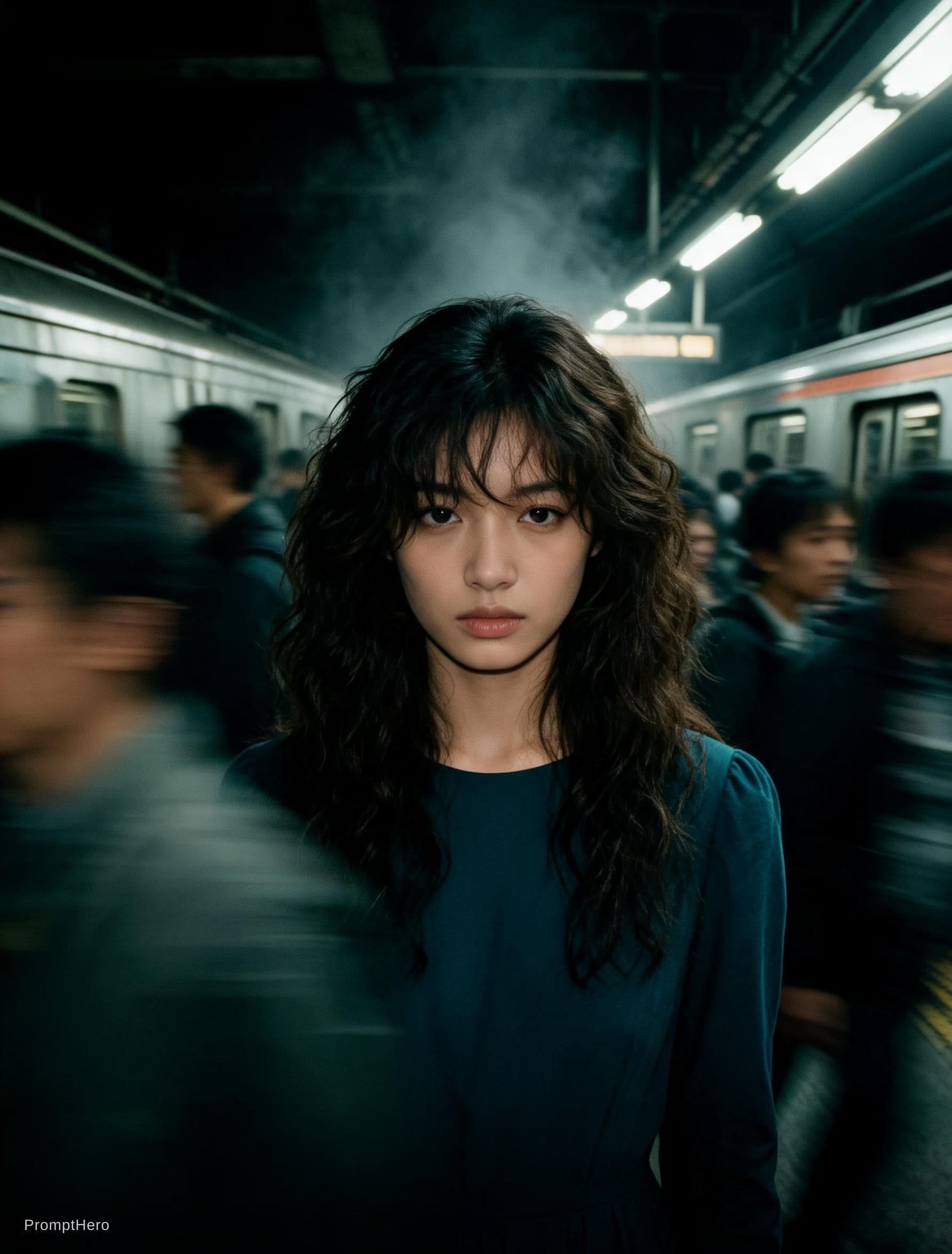 AI generated: Cinematic editorial portrait of a young women in her early twenties standing motionless at the
cente...