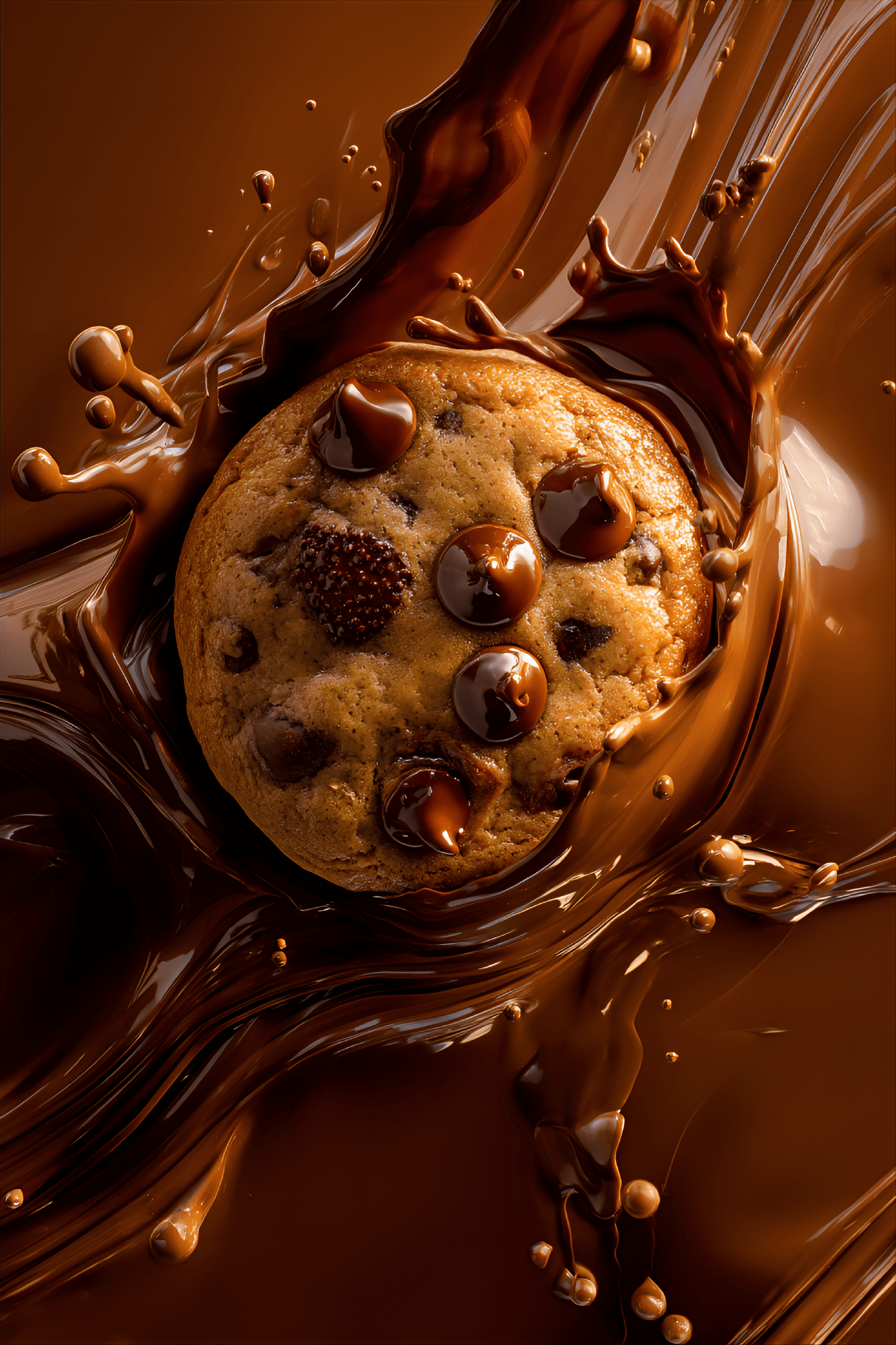 AI generated: chocolate chip cookie is centered in a close-up image, surrounded by splashes and streams of melted ...
