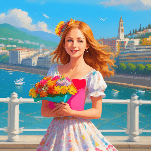 AI generated: Birthday, cheerful woman with flowers and gifts on embankment, sunny day, Yalta, oil painting, color...