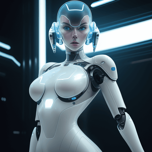 AI generated: robot face :: futurism, cyborg, futuristic latex space suit with transparent luminous tubes, mechani...