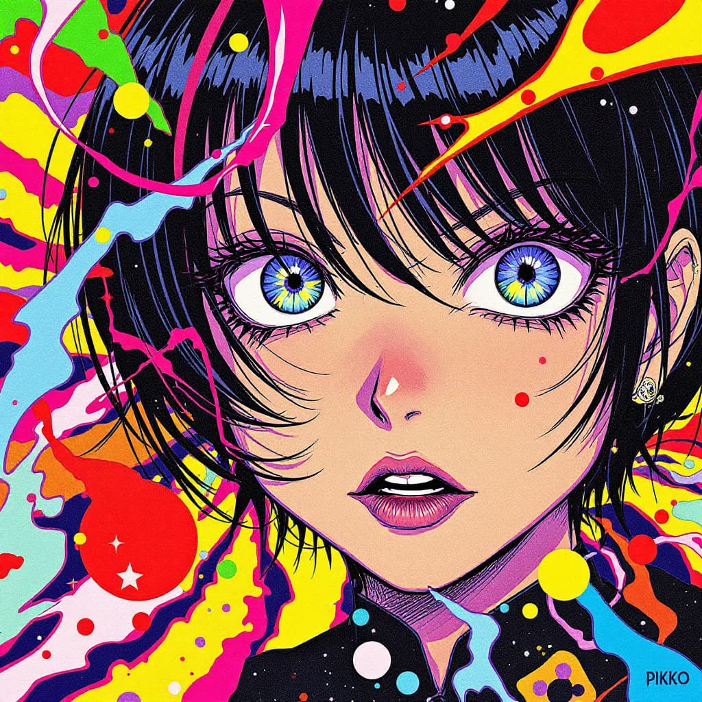 AI generated: 
by mika pikazo, anime pop art, revenge pop,
colorful bright eyes, asuka from evangelion