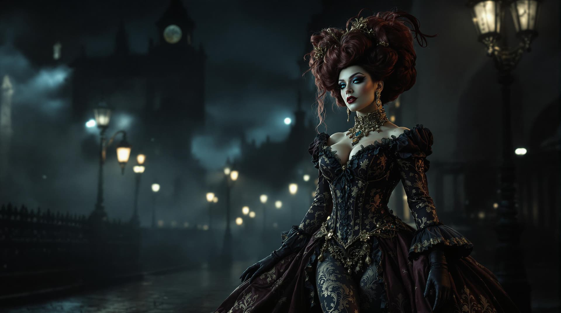 AI generated: (Gorgeous Victorian drag queen bodybuilder), walking gracefully through dimly lit streets of London ...