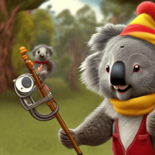 AI generated: dvd still of Blinky Bill (1983),. koala in red overalls with a yellow button carrying a flute as he ...