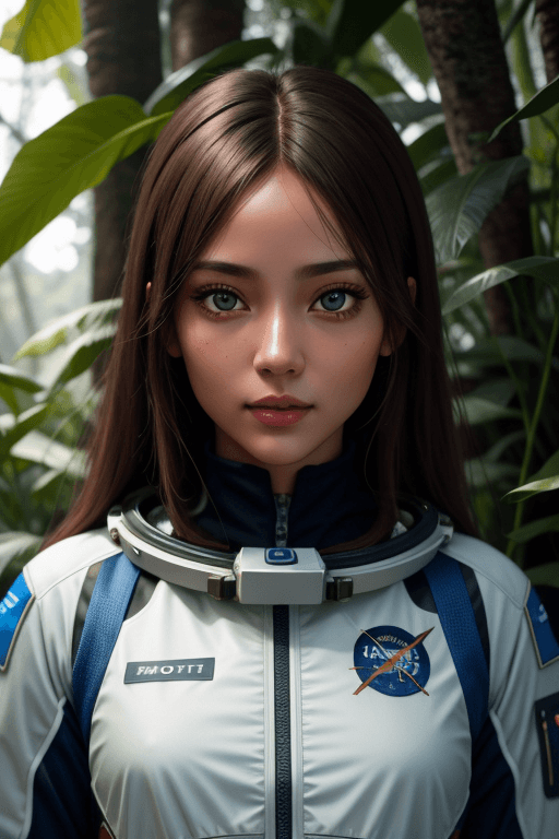 AI generated: A girl in a spacesuit without a helmet. On another planet in the rainforest. Slim body. A beautiful ...