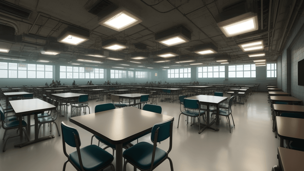 AI generated: Daylight Cyberpunk cafeteria university filled with students
