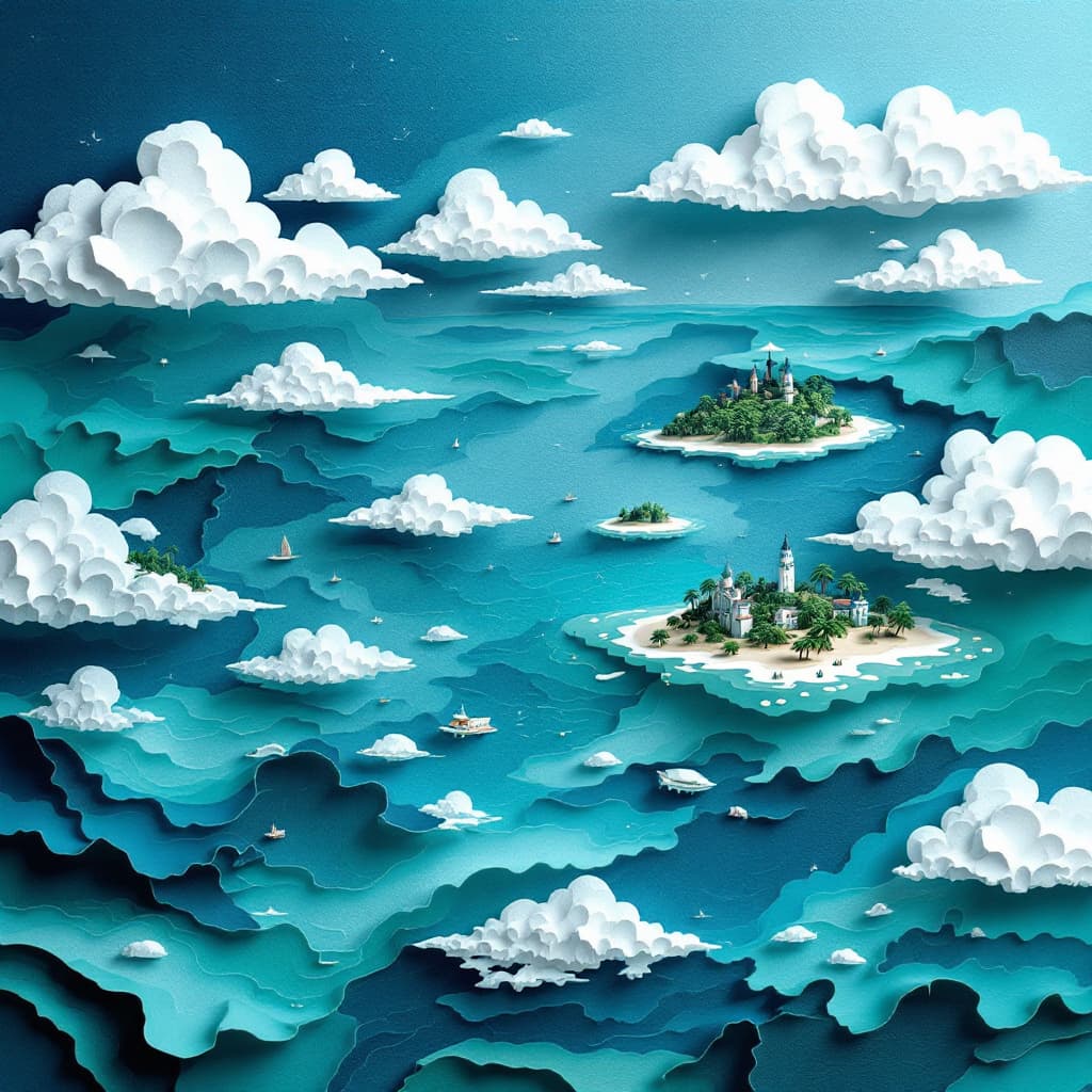 AI generated: 3d, ocean and islands, paper work, cyan, and white with emerald green, rough-textured colored paper,...