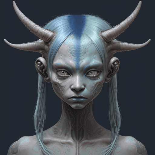 AI generated: alien with blue hair by theo el, in the style of balanced symmetry, light orange and cyan, detailed ...