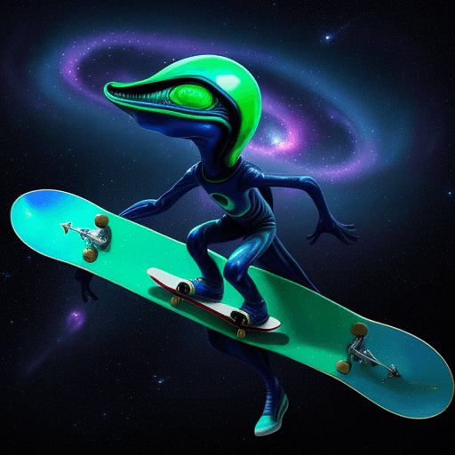 AI generated: a vivid, hyper-realistic scene of a space alien riding a skateboard, where the perspective is from t...