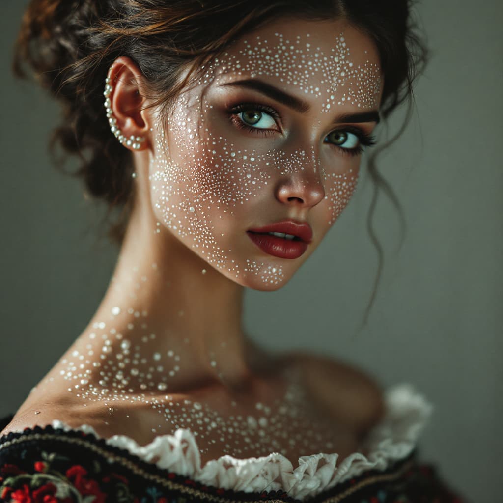 AI generated: the whole face, shoulders and chest are pierced with openwork threads in the style of Ukrainian nati...
