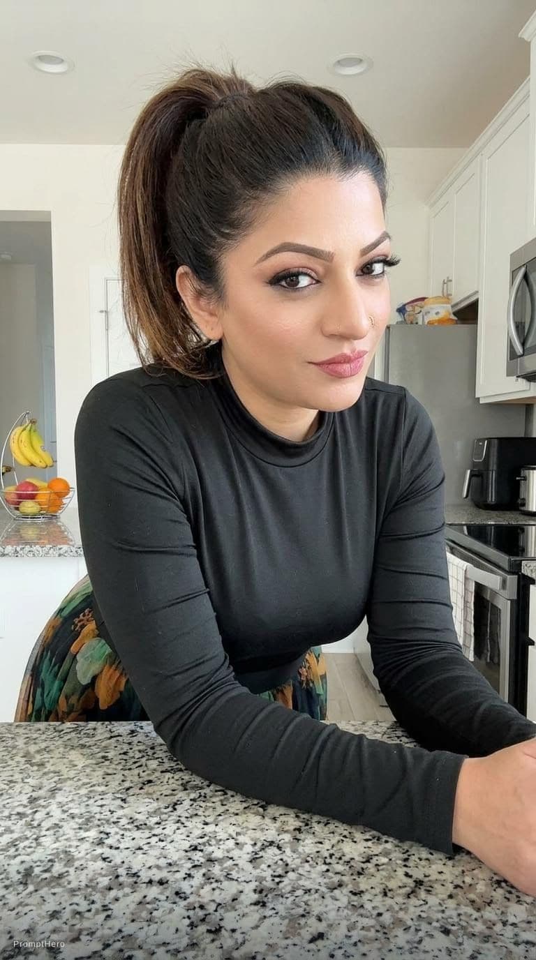 AI generated: Teasing, leans over on a kitchen desk, wearing same clothes, eye contact, beautiful, front view, pon...