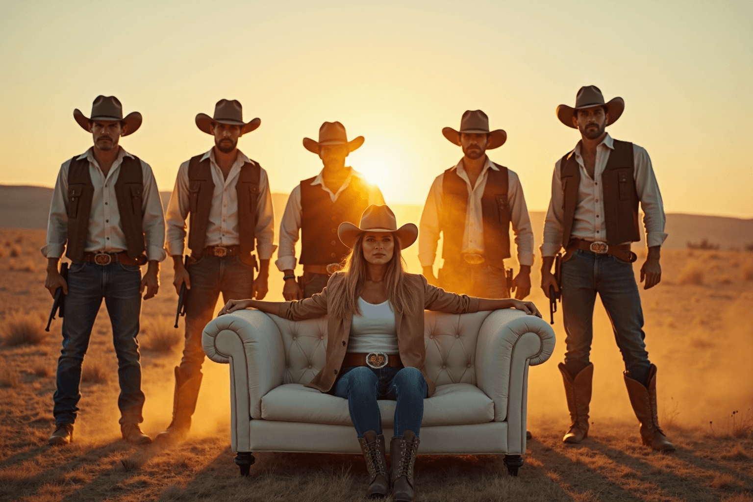 AI generated: In the middle of a vast cowboy prairie, a cowgirl sits confidently on a pristine white sofa, her pos...