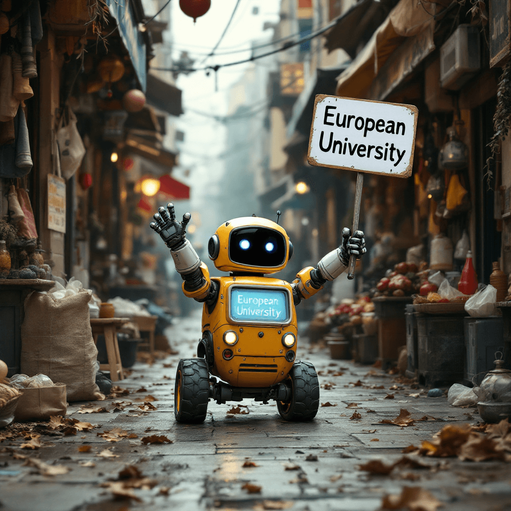 AI generated: on a crowded noisy cluttered alley near the market a small cute robot drives around with a sign "Eur...